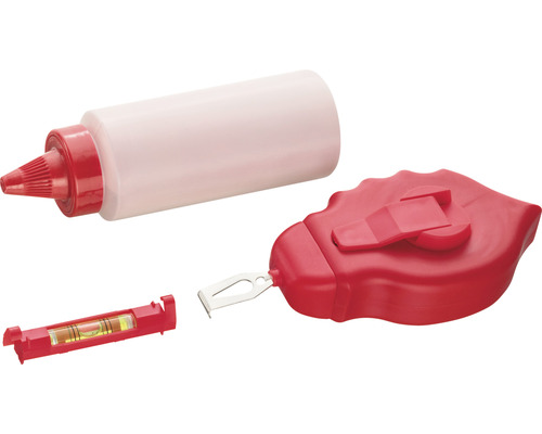 Snörslå med vattenpass och färgbehållare