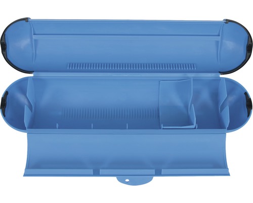 Öppen blå verktygslåda med fack för förvaring av verktyg