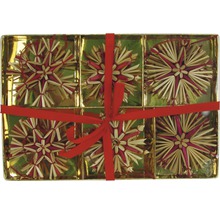 Förpackning med sex röda och naturfärgade halmstjärnor som julgransdekorationer