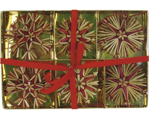 Förpackning med sex röda och naturfärgade halmstjärnor som julgransdekorationer