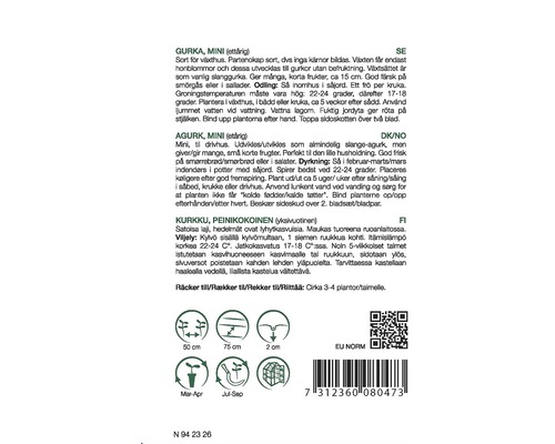 Information om mini gurkväxt med planteringsinstruktioner och symboler