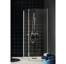 Hörndusch med duschblandare i ett badrum med svarta plattor