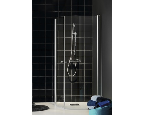 Duschhörn HAFA Igloo R 80x80 aluminiumfärgad klarglas 80x80cm Hörndusch med duschblandare i ett badrum med svarta plattor