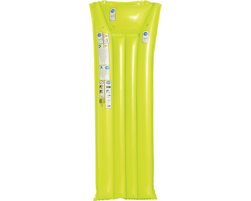 Gul luftmadrass med tryckta varningar