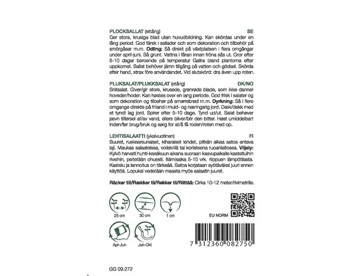 Information om plocksallad, inklusive plantavstånd, sådjup och såperiod