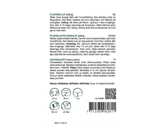 Fröpåse plocksallad med planteringsanvisningar och produktinformation