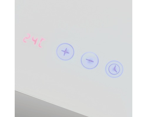 Närbild av kontrollerna på en spegel med temperaturvisning, plus-minustecken och klocksymbol