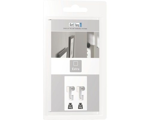 Arti Teq logotyp. Förpackning med två tavelkrokar för att fästa bilder upp till maximalt 4 kg.