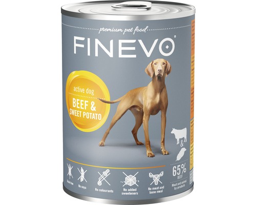 Hundmat FINEVO Active Dog nöt med sötpotatis 800 g Finevo hundmat burk med nötkött och sötpotatis för aktiva hundar