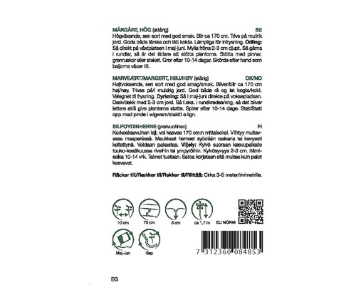 Information om ärtsfröer med planteringssymboler och EU-standardmärke