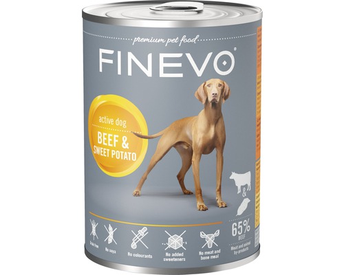 Hundmat FINEVO Active Dog nöt med sötpotatis 400 g Finevo Premium djurfoder för aktiva hundar med nötkött och sötpotatis i burk