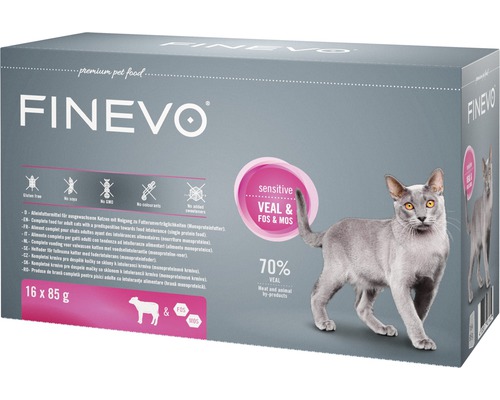 Kattmat FINEVO Sensitive Cat kalv med FOS&MOS 16x85g Finevo kattmat sensitive med kalv och FOS och MOS i en förpackning med 16 gånger 85 gram