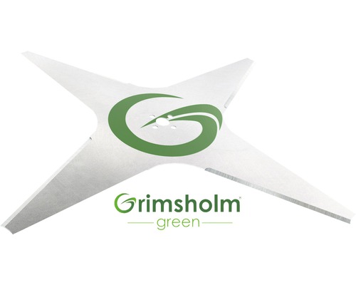 Grimsholm Green logotyp på ett gräsklipparblad