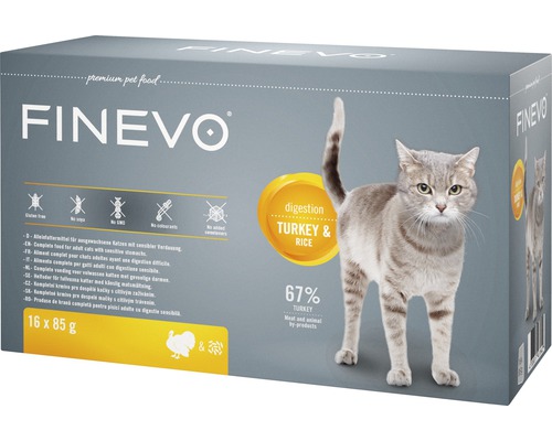 Kattmat FINEVO Digestion kalkon och ris 16x85g Finevo kattmat med kalkon och ris, 16 stycken förpackning om 85 gram