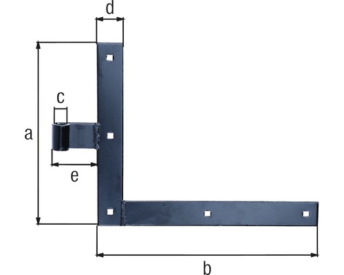 L-format gångjärnsbeslag med måtten a, b, c, d och e