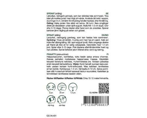 Baksidan av förpackningen med spenatfrön med information om sådd och skörd