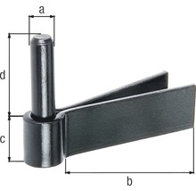 Grindgångjärn med måtten a, b, c och d för montering av grindar
