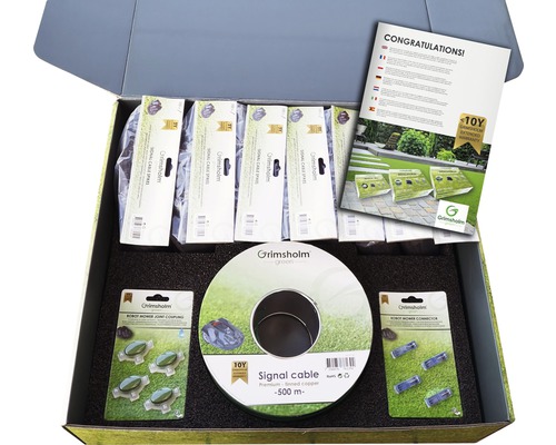 Grimsholm installationsbox med signalkabel, kabelanslutningar och tillbehör för robotgräsklippare
