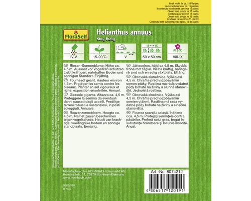 Förpackning solrosfrön av sorten King Kong med information om sådd, läge och skötsel