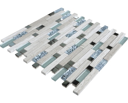 Mosaikplatta med trästruktur, glas- och spegelaccenter