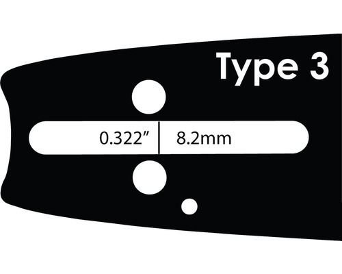 Specifikationer för motorsåg typ 3: 0,322 tum och 8,2 millimeter