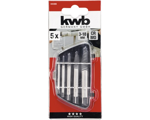 KWB Logotyp. Set med fem skruvutdragare i plastförpackning, storlek 3 till 18 millimeter.