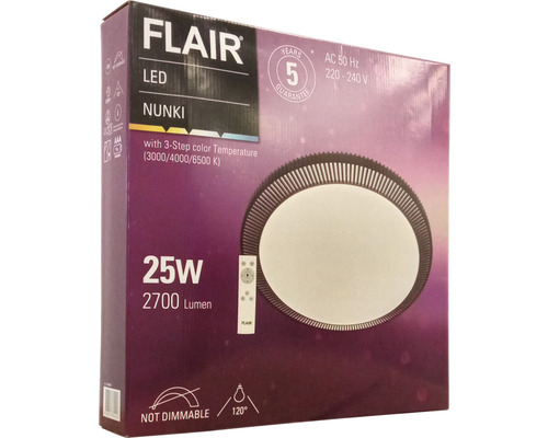 Förpackning av en Flair LED-taklampa Nunki med 25 watts effekt