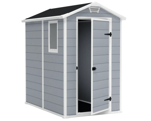 Trädgårdsskjul med fönster och öppen dörr