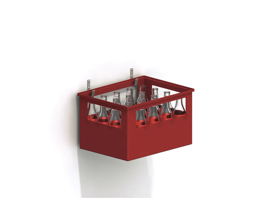 Röd dryckeslåda med flaskor för väggmontering