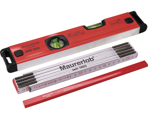 Vattenpass, tumstock och timmermanspenna från Maurerlob