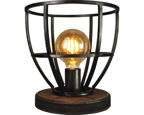 Bordslampa med metallbur och ljuskälla på träsockel