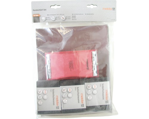 Meister handslipset med sandpapper, slipsvampar och handslipmaskin