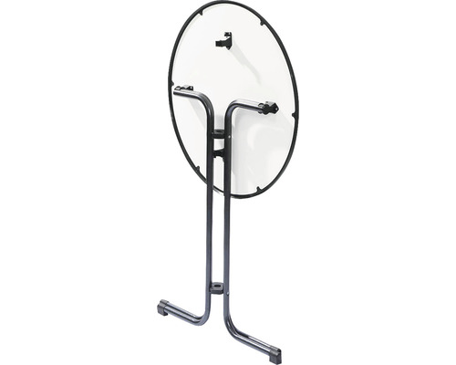 Bakifrånvy av ett runt hopfällbart bord med metallram