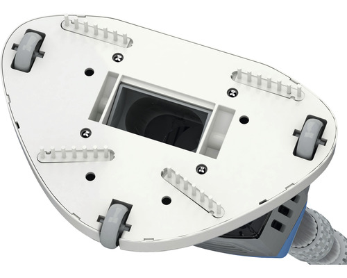 Undersida av rengöringsanordning med hjul och borstar