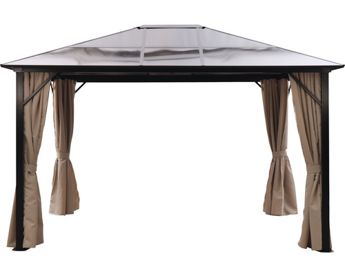 Paviljong med tak och gardiner