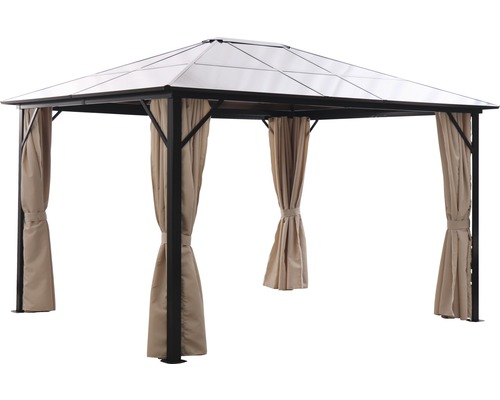 Trädgårdspaviljong med tak och gardiner