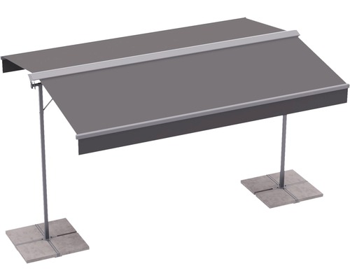 Fristående markis med grått tyg och stabila fötter för utomhusbruk