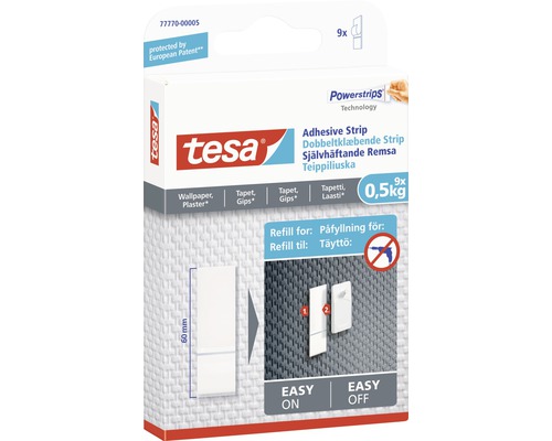 Tesa Powerstrips Självhäftande remsor Refill, lämplig för tapeter och puts, lastkapacitet upp till 0,5 kg, 9 stycken