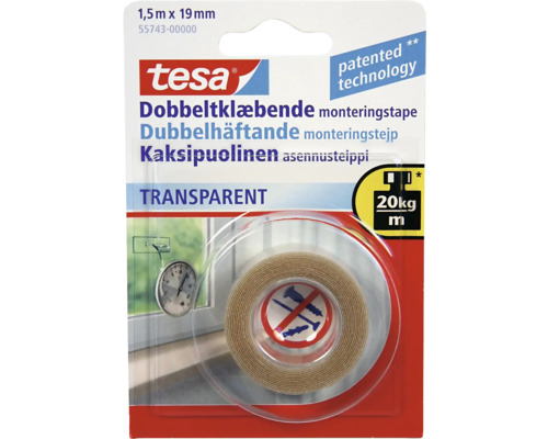 Monteringstejp dubbelhäftande TESA transparent 19mm 1,5m Tesa dubbelsidig monteringstejp 1,5 meter gånger 19 millimeter