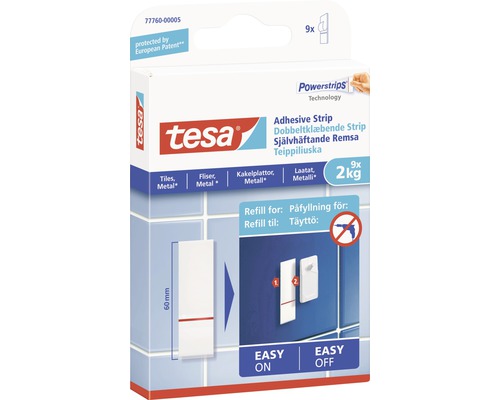 Förpackning Tesa Powerstrips självhäftande remsor för att fästa föremål på kakel och metall upp till två kilogram