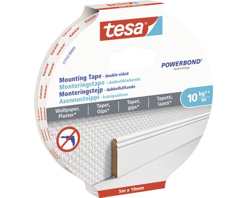 Tesa Powerbond monteringstejp för tapeter och puts, 5 meter gånger 19 millimeter