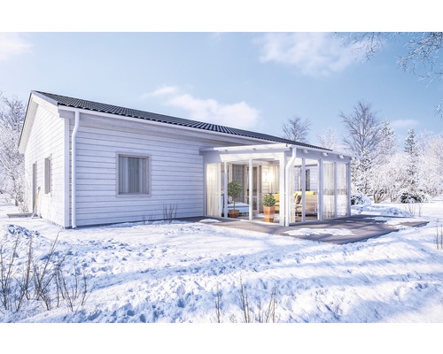 Vinterträdgård med hus i snön