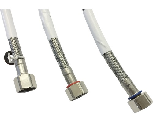 Tre pansarslangar med olika markeringar för sanitära installationer