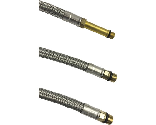 Tre flexibla metallslangar med anslutningar