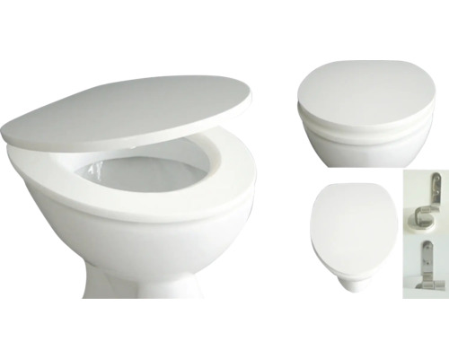 Golvstående toalett med öppet lock och tillbehör