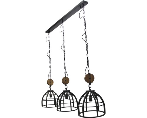 Taklampa med tre lampor i industriell design med kedjeupphängning och metallburar