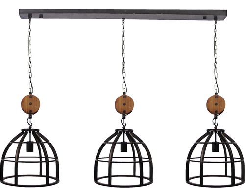 Taklampa med tre lampskärmar i burform och trädetaljer