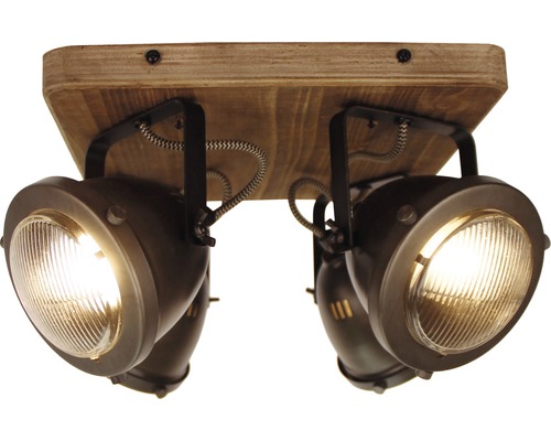 Taklampa med fyra spotlights och träplatta
