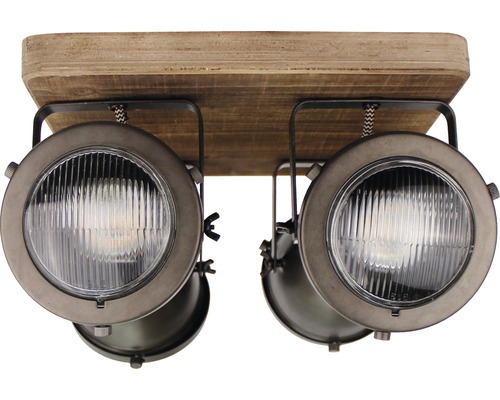 Taklampa med fyra spotlights och träplatta