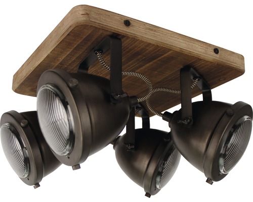 Taklampa med fyra spotlights och träplatta